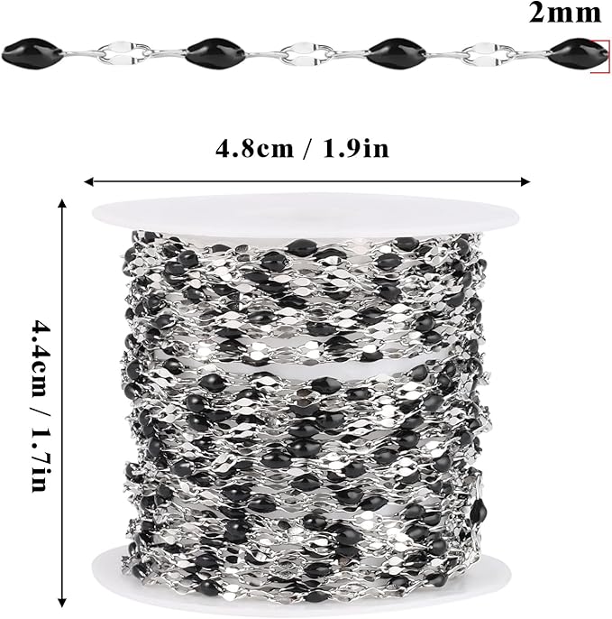 16.5FT Black Enamel Dapped Chain Roll, 2MM Stainless Steel Enalem Lip Link Chains Spool Bulk for DIY Jewelry Making