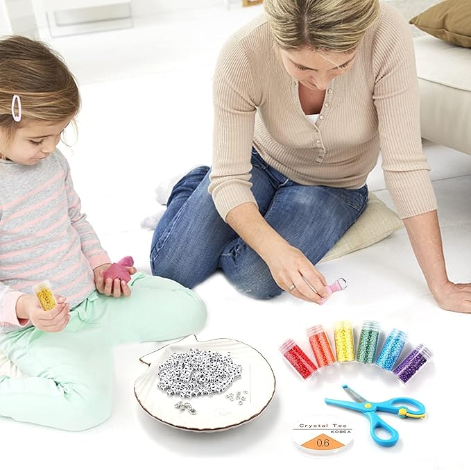 Miss Rabbit Seed Bead Kit, for Jewelry Making 24000 PCS 3mm Glass Seed Beads and 100 PCS 5mm Alphabet Letter for Bracelets Making with Elastic Cords, Scissors, Tassels