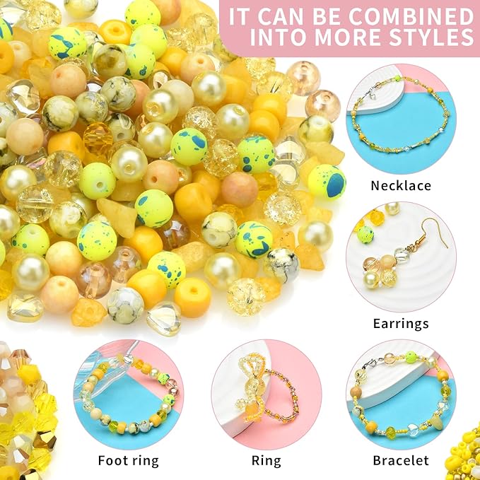Rired 27 Yellow Glass Beads for Bracelet kit, 900pcs Crystal Beads for Jewelry Making Include 8mm Round Assorted Beads with Bicone/and Seed Beads for Craft, Necklace, Earring and Phone Chain
