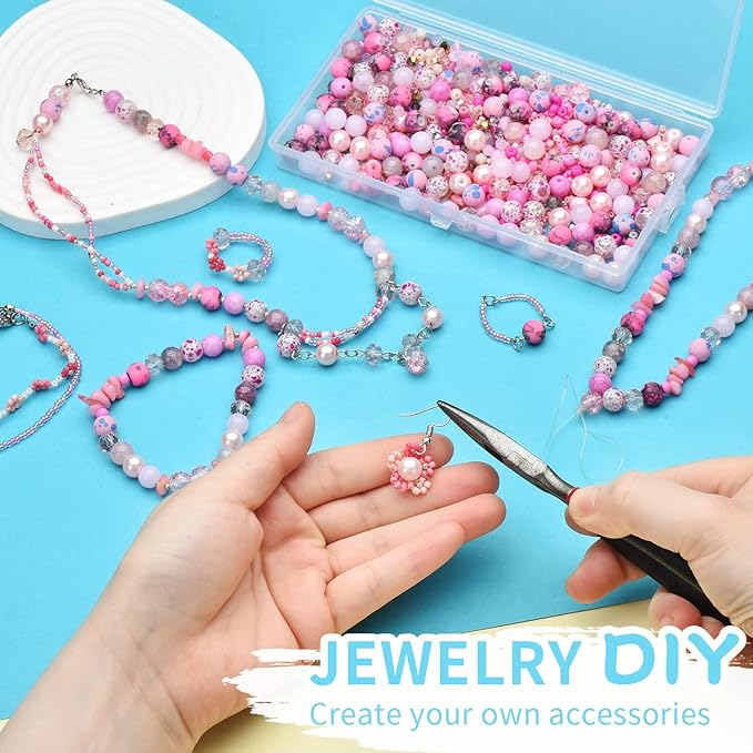 Rose Quartz Jewelry Making Kit - 900pcs Glass Beads, Assorted 8mm, Bicone Crystal, Spacer Seed Beads for Bracelet Crafting