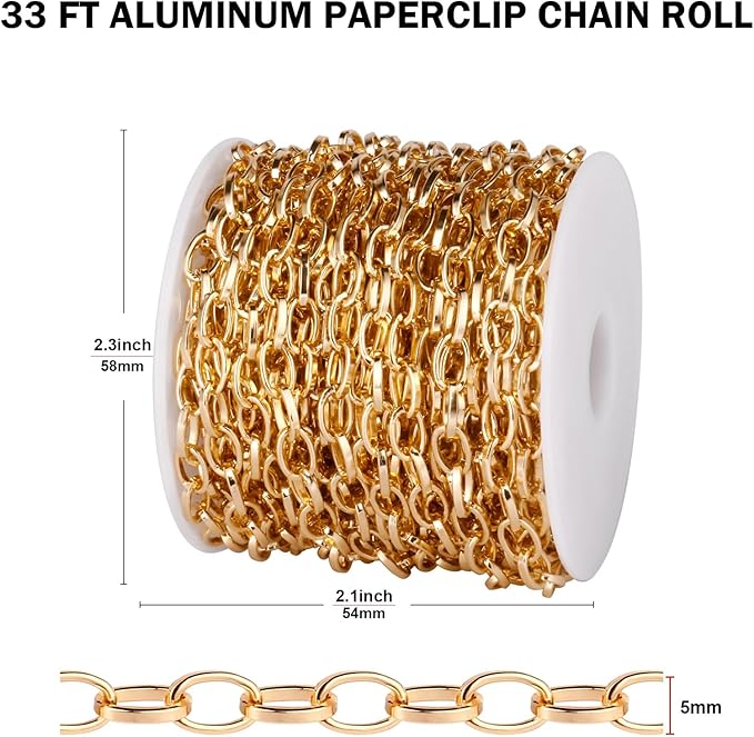 33FT Gold Paperclip Chain for Jewelry Making 5MM Gold Plated Aluminum Oval Link Chain Roll Bulk for DIY Crafts Jewelry Making