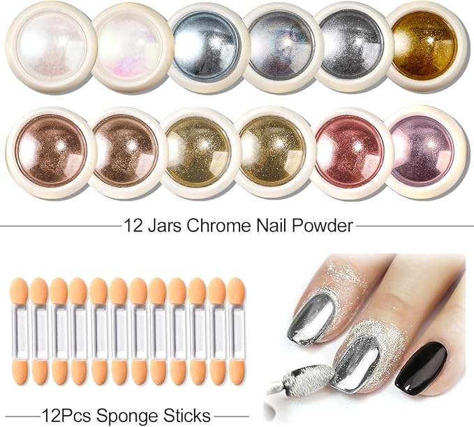 Chrome Nail Powder Set - 12 Colors Chrome Powder for Nails White Pearl Mirror Effect Gold Silver Champagne Metallic Holographic Dip Nail Powder Kit Glitter Pigment for Manicure Decor