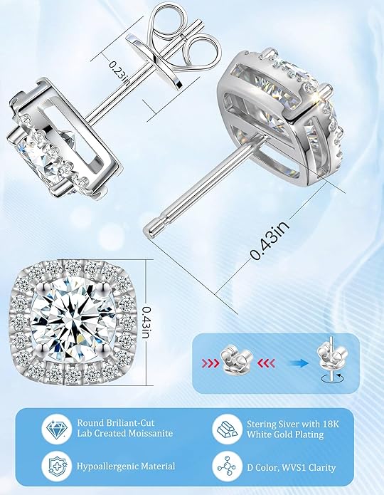 Moissanite Halo Square Earrings Flat back 0.5-3 Carat D Color VVS1 Grade Lab Grown Diamonds 925 Sterling Silver Plated 18K White Gold Flat Back Hypoallergenic Earrings for Women Men