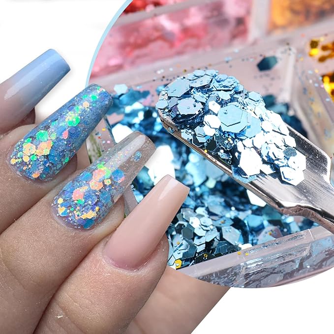 Holographic Mermaid Glitter Nail Art Sequins, 3D Geometry Hexagon Sparkly Nail Flakes, Laser Glitters Acrylic Nails Supplies for Women Girls Manicure Charms Decorations, DIY Resin Shiny Nail Art Tips