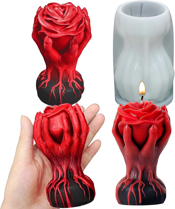ZQYSING Hand Holding Rose Candle Mold, 3D Flower Silicone Mold for Candles Pillar Wax Plaster Epoxy Resin Craft Casting Gothic Home Décor Halloween Anniversary Birthday Handmade Gift