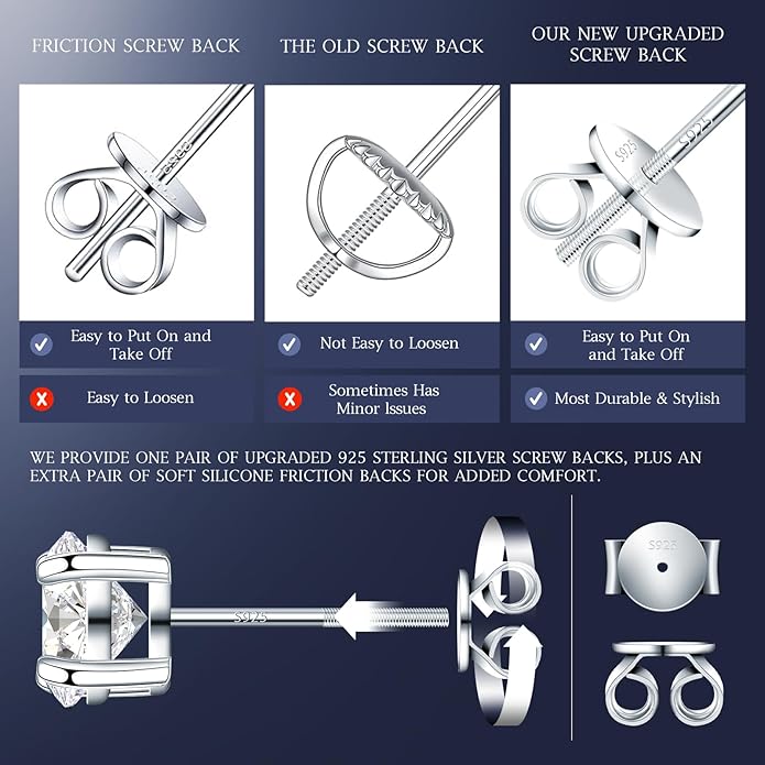 Moissanite Earrings for Men Women, 0.2ct-3.0ct Men 925 Sterling Silver Earrings, Round Cut Diamond Stud Earrings for Women