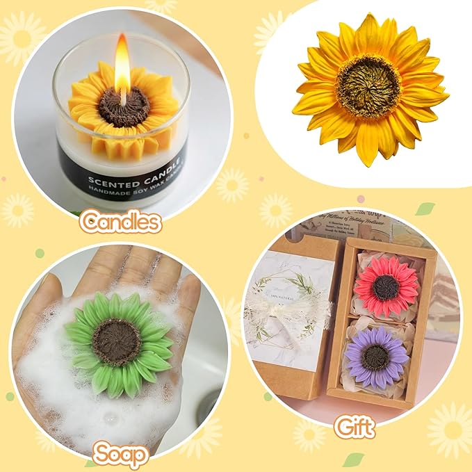 ZQYSING 4 Pcs Sunflower Candle Molds, 3D Flower Fondant Chocolate Cake Cupcake Topper Decoration Silicone Mold, DIY Tealight Candle Soap Wax Epoxy Resin Concrete Casting Polymer Clay Craft
