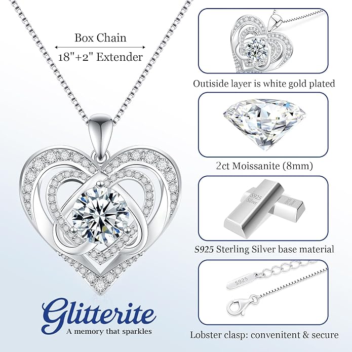 1-3 Carat Moissanite Necklace for Women, 925 Sterling Silver Heart Pendant Necklace Moissanite Diamond Necklace, Birthday Gift Anniversary Present for Wife, Girlfriend, Daughter, Mom