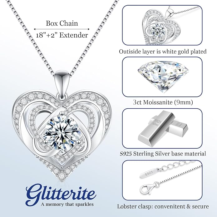 1-3 Carat Moissanite Necklace for Women, 925 Sterling Silver Heart Pendant Necklace Moissanite Diamond Necklace, Birthday Gift Anniversary Present for Wife, Girlfriend, Daughter, Mom