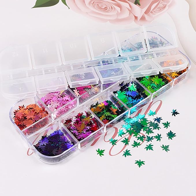 Maple Leaf Glitter Nail Art Sequins, 3D Fall Leaves Glitters Flakes Decor, Autumn Maple Leaves Shape Nail Art Design Supplies for Women Girls Manicure Charms Decorations Holiday Resin Nail Art Tips