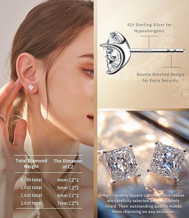 ”STUNNING FLAME“ 18K Gold Plated Sterling Silver Princess Cut Cubic Zirconia Stud Earrings for men women