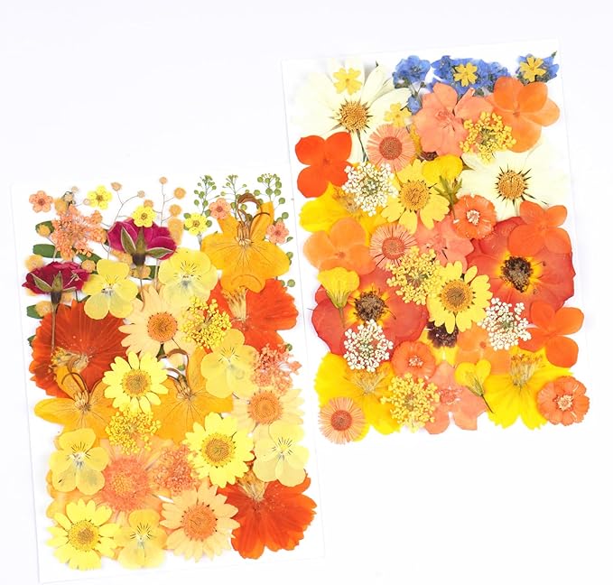 96Pcs Fall Dried Pressed Flowers for Crafts,Xinxinran Orange Dry Flowers Kit for Resin Molds,Epoxy Resin Accessories,Bookmark,Nails, Jewelry Molds,Candle Making Supplies,Soap,Frame,Cakes
