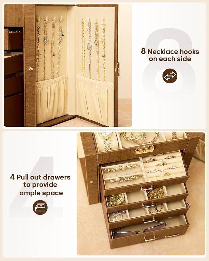 Homde Valentine's Day Gifts Synthetic Leather Huge Jewelry Box Mirrored Watch Organizer Necklace Ring Earring Storage Lockable Gift Case (Brown + Gold)