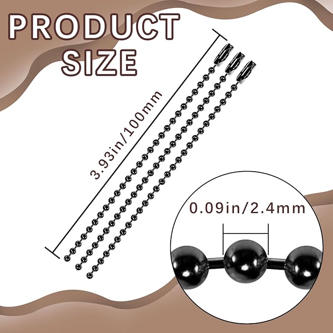 300 Pcs Black Ball Chain Bulk，Metal Bead Chain，Keychain Chains，Black Nickel Plated Metal 3.9" Long 2.4mm Ball Bead Chains，for Hanging Christmas Decoration