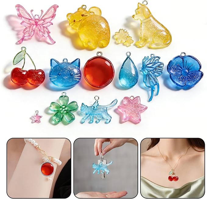 40Pcs UV Resin Keychain Molds – All-in-One Craft Supplies for Personalized Keychain Jewelry Making with 15 Designs (Animals, Flowers), Metal Molds, 20 Keyrings & 40 Jump Rings