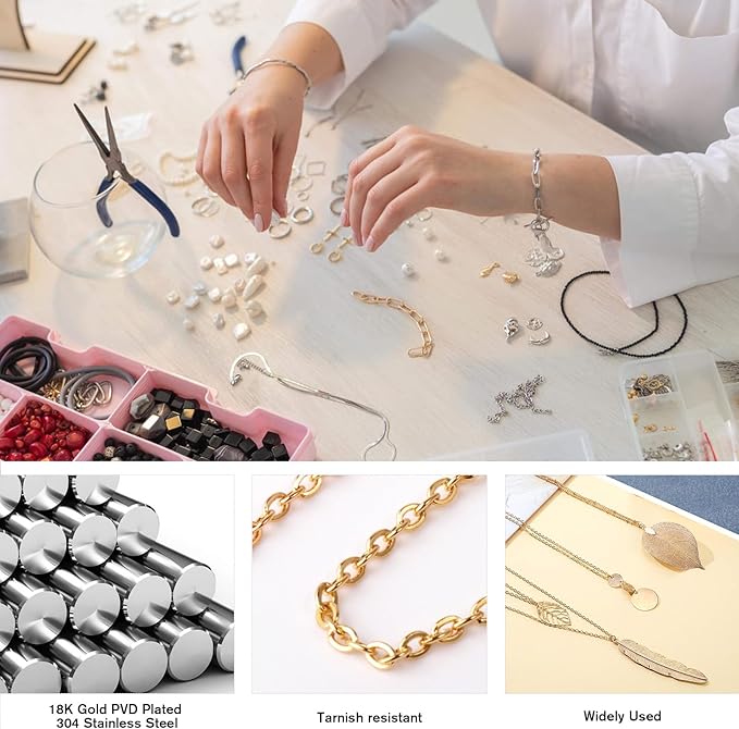 33 Feet 18K Gold PVD Plated Stainless Steel Cable Chain Bulk, 1.5mm 304 Stainless Steel Flat Cable Link Chains Roll Spool for Jewelry Making Necklace DIY Craft