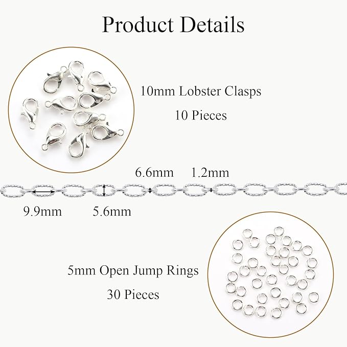 Jabogrii 16.4 Feet Embossed Oval Paperclip Chain for Jewelry Making Silver Metal Chain Roll Craft Jewelry Findings