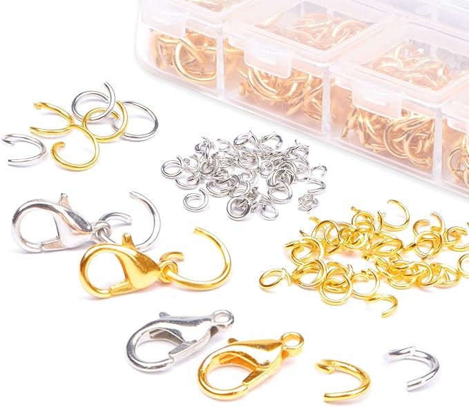 YUGDRUZY Jump Rings for Jewelry Making Kit, 1200 pcs Open Jump Rings Jewelry Repair Kit for Necklace Bracelet, Lobster Clasps and Closures Repair Supplies Kit with Pliers Tweezers (Gold/Silver)