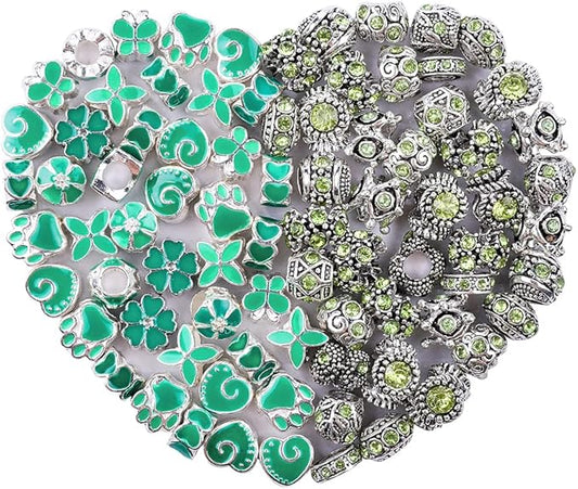 60 Pieces Assorted European Beads with Plating Silver Metal Alloy Rhinestone Large Hole Spacer Beads for DIY Charm Bracelet Jewelry Making (Green)