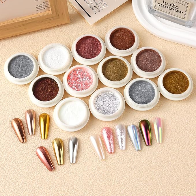 12 Jars Chrome Nail Powder Kit, White Pearl Chrome Nail Powder Metallic Mirror Effect Pigment Holographic Dip Powders & Opal Nails Chunky Glitter Flakes for Home DIY Salon Use