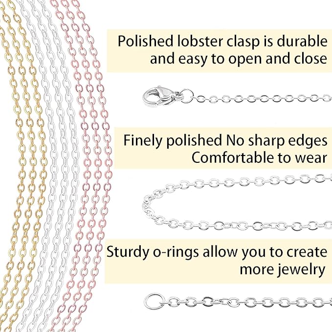 Jishi 30ft Jewelry Making Chains Bulk 2mm Necklace Chains, Jewelry Making Supplies, DIY Craft Earring Bracelet Making Findings, 3-Colors Gold Silver Rose Gold Plated Metal Rolo Cable Link Chain Rolls