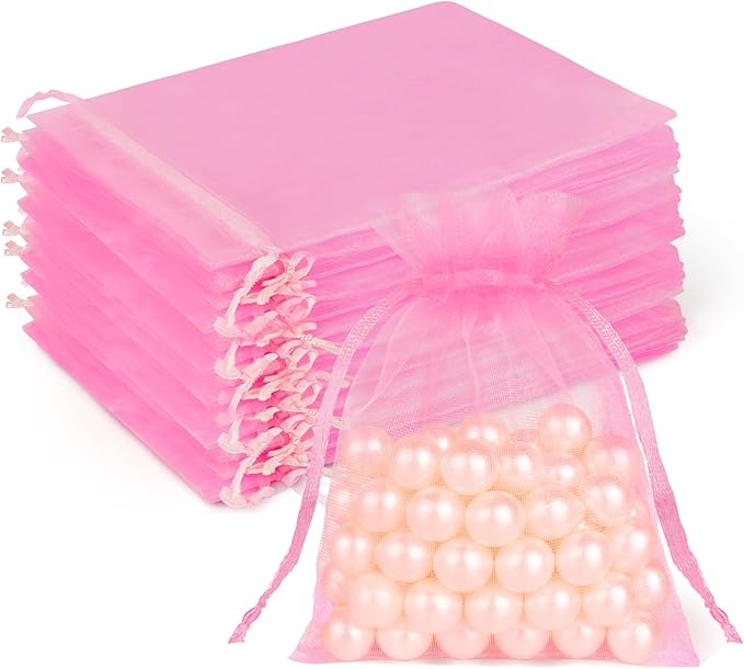 Crweety 50 Pcs Pink Organza Bags 3x4 Inch, Small Gift Bags Bulk for Jewelry Candy Soap Makeup Sachet, Cute Mini Mesh Gift Bag Drawstring for Wedding Baby Shower Birthday Party Favors & Valentine's Day
