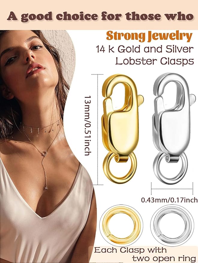 Kcctoo Silver Lobster Claw Clasp with Closed Jump Rings 14K Gold Necklace Clasps and Closures for Jewelry Making, Made in Italy 12mm(0.47inch) (Gold Silver)