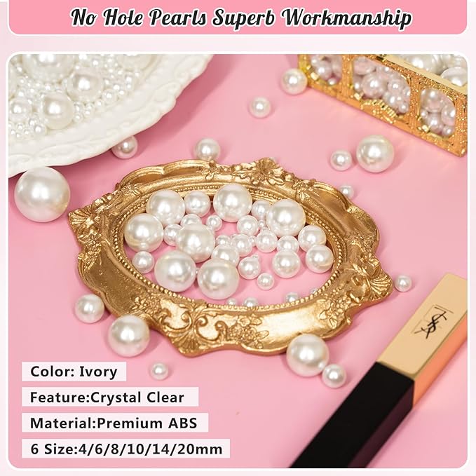 2000PCS Pearls for Crafting, Ivory No Hole Beads for Centerpieces Vases, Assorted Sizes Bulk Fake Pearls Beads for Vase Filler, Candles Centerpiece, DIY Crafts, Jewelry Making (4/6/8/10/14/20mm)