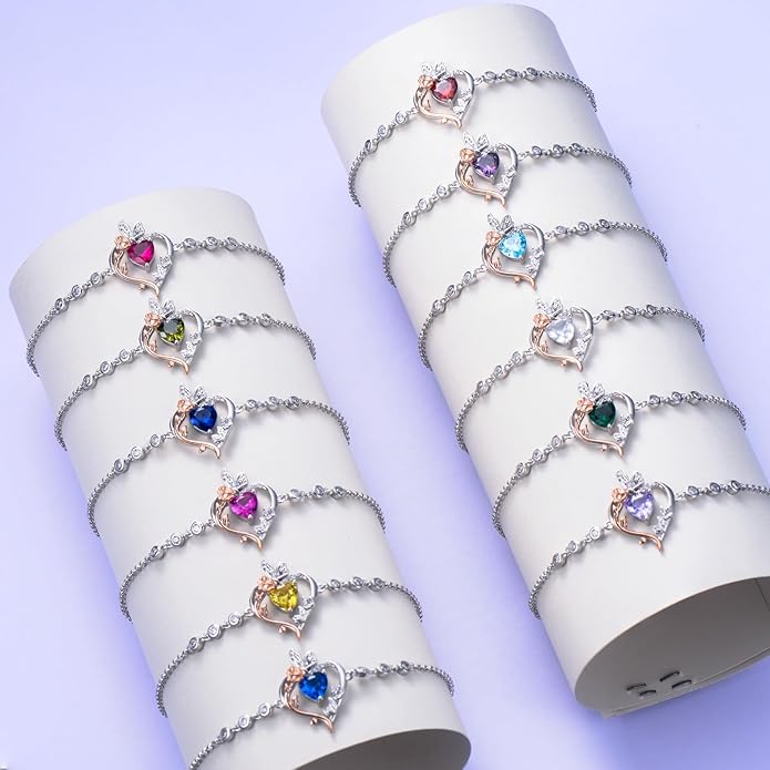 TOUPOP Rose Heart Birthstone Bracelet 925 Sterling Silver Butterfly Heart Bracelet Love Jewelry for Women Anniversary Valentines Day Birthday Gifts for Her Wife Mom