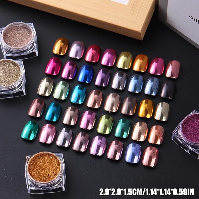40 Colors Metallic Mirror Chrome Nail Powder Set, Professional Metallic Mirror Pigment with Holographic Shine, Includes Rose Gold Silver Champagne Shades for DIY Nail Art & Salon Manicure