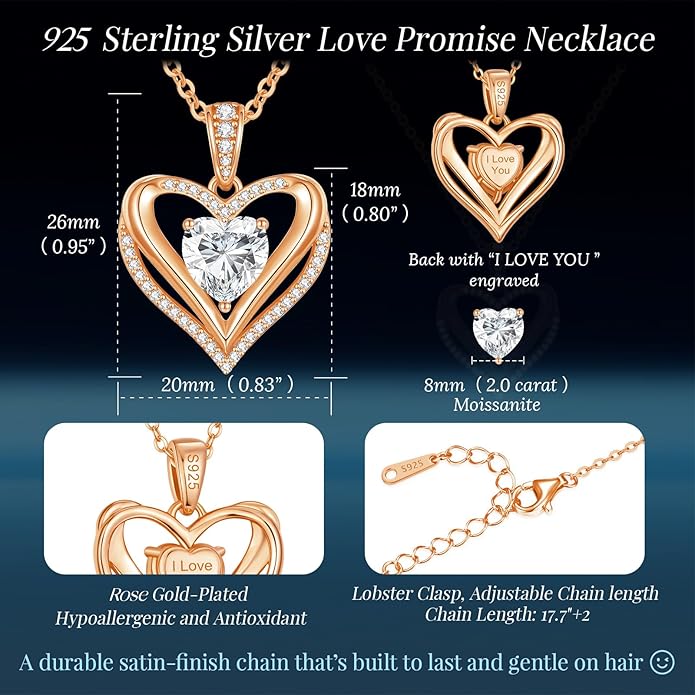 Moissanite Infinity Love Heart Pendant Necklaces for Women, 1-3 Carat 925 Sterling Silver 18K Gold Plated Engraved with"I LOVE YOU', Anniversary Birthday Present Jewelry Christmas Valentines Day Gift for Women Wife Girlfriend Her