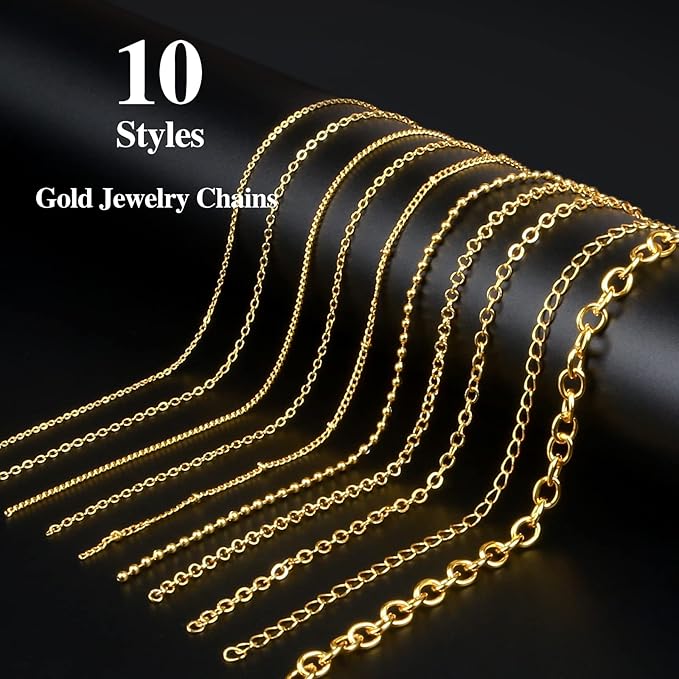 Ecoofor Gold Necklace Chains for Jewelry Making, 78.7 Feet 10 Rolls Jewelry Chains for DIY Necklace Bracelet Jewelry Making with Jump Rings/Lobster Clasps/Connectors