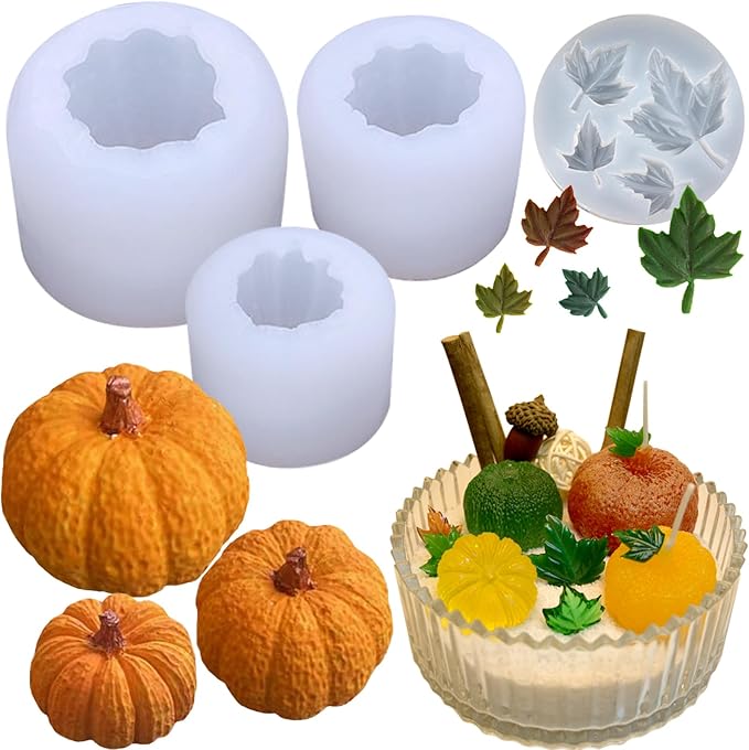 ZQYSING (4 Pack) Pumpkin Candle Molds with Leaf Mold, Set of Large + Medium + Small 3D Pumpkin Silicone Molds for Candles Wax Soap Epoxy Resin Casting Thanksgiving Halloween DIY Art Gifts Home Decor