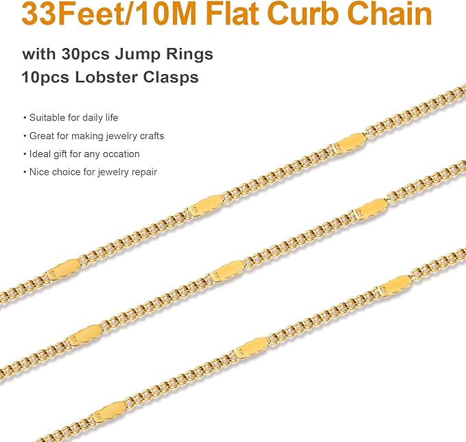 Kyutong 32.8 Feet Gold Plated Jewelry Making Chain on Spool Thin Flat Curb Chains Solid Stainless Steel Jewelry Chain for Necklace DIY with Jewelry Accessories
