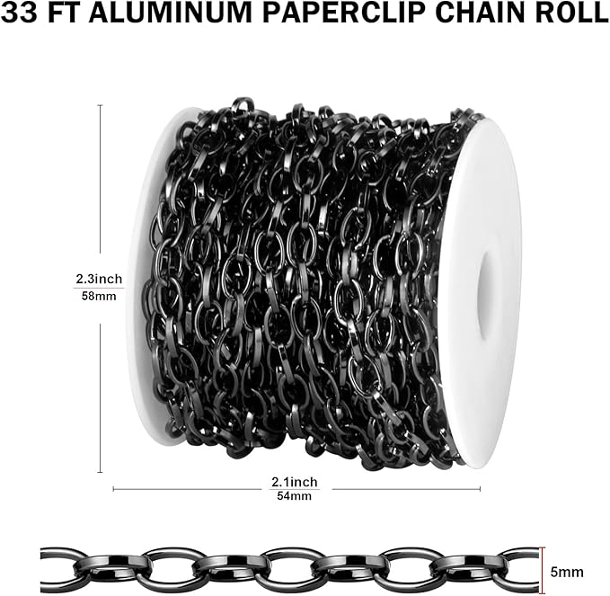 33FT Black Paperclip Chain for Jewelry Making 5MM Black Plated Aluminum Oval Link Chain Roll Bulk for DIY Crafts Jewelry Making