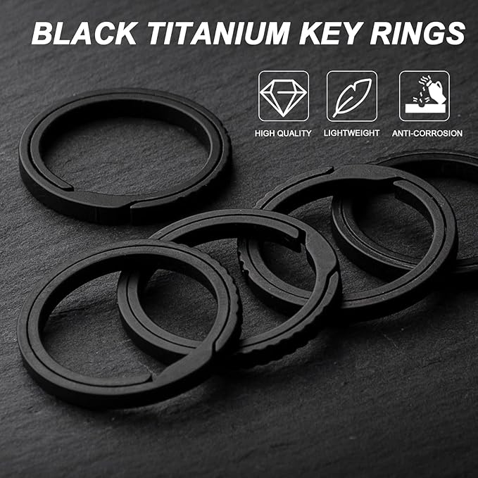 TISUR Titanium Keychain Rings, Split Side Pushing Key Rings Heavy Duty Black Key Ring For Key Chain Carabiner Dog Tag Ring