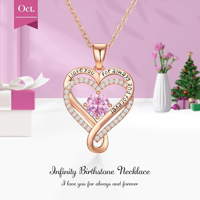 Infinity Love Heart Birthstone Necklace for Women Wife, S925 Sterling Silver Anniversary for Women Wife Birthday Gift for Her Girlfriend Mom Daughters, I Love You Women's Jewelry 18k Rose Gold Filled