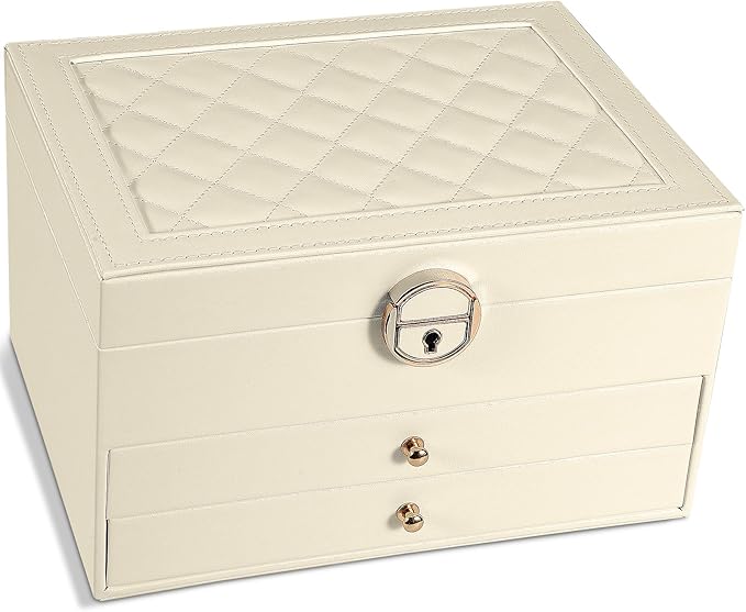 GUOER Jewelry Box for Women Girl Wife 3 Layers Large PU Leather Jewelry Organizer Storage Case with Two drawers Display for Earrings Bracelets Rings Watches (Apricot)