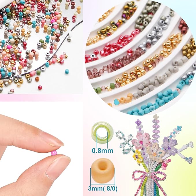 EuTengHao Glass Seed Beads for Bracelet Making Kit, 8/0 Small Pony Beads for Bracelet Necklace Jewelry Making DIY Crafting (3mm, 48 Colors, Frosted Glass and Lacquered)