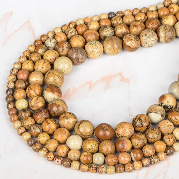 Natural Stone Genuine Stones DIY Round Beads 8mm 100pcs Beading Loose Gemstone Hole Size 1mm Charm Smooth Beads for Bracelets Necklaces Earrings (Yellow Picture Jasper 8mm)