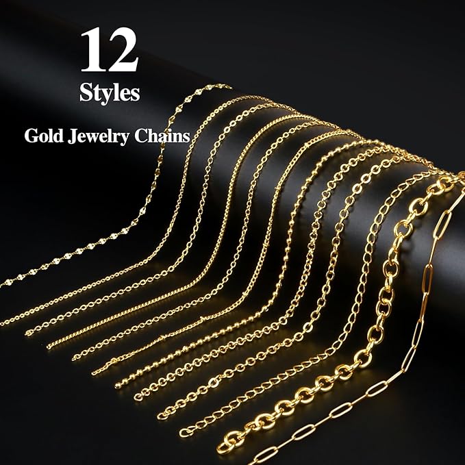 Ecoofor Gold Necklace Chains for Jewelry Making, 95.1 Feet 12 Rolls Jewelry Chains for DIY Necklace Bracelet Jewelry Making with Jump Rings/Lobster Clasps/Connectors