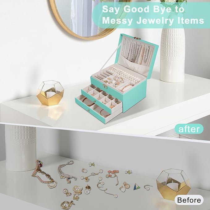 GUOER Jewelry Box for Women Girl Wife 3 Layers Large PU Leather Jewelry Organizer Storage Case with Two drawers Display for Earrings Bracelets Rings Watches (Teal)