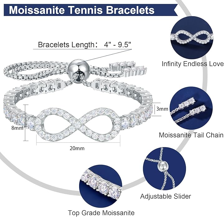 Moissanite Tennis Bracelets For Women, S925 Sterling Silver Infinity Bracelet, 3MM Width 18K Gold Plated White Gold Adjustable Bolo Bracelets- Birthday Valentines Day Gifts For Her Wife Mom