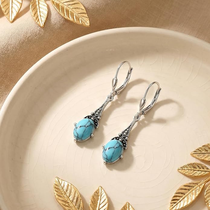 AOBOCO Vintage Earrings for Women Sterling Silver Retro Drop Dangle Leverback Earrings with 8x6mm Oval Genuine or Simulated Birthstone Crystal from Austria, Anniversary Jewelry Gifts for Her (Gift Box)