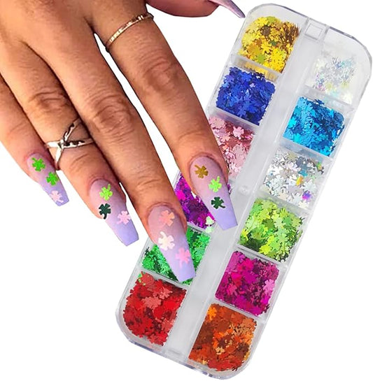 Clover Glitter Nail Art Sequins, 12 Colors Clover Leaf Glitter Acrylic Nails Supplies for Women, Girls & Manicure St. Patrick's Day Decorations, DIY Crafts