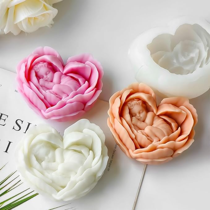 Heart Candle Molds, Angel Baby in Flower Silicone Molds for Candle Making, DIY Flower Soap Aromatherapy Wax Plaster Resin Casting for Home Decor Mother's Gift Baby Shower