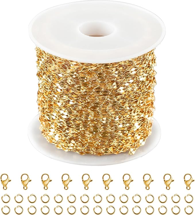 Kyutong 32.8 Feet Thin Stainless Steel Lip Chain Roll Gold Chain for Jewelry Making with Accessories for Necklace Choker Bracelet DIY Jewelry Craft Supplies