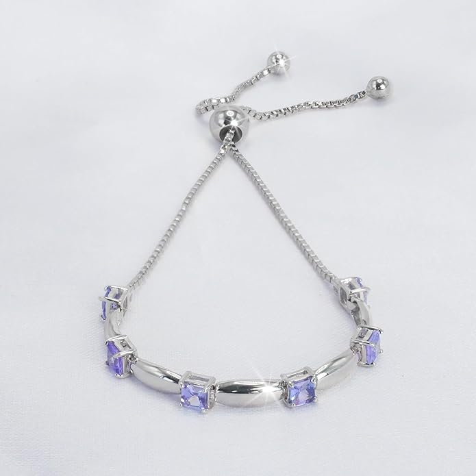 Fine Bracelet Tennis Style Pull String Birthstone Jewelry Gift for Women 925 Sterling Silver Square Sparkling Bolo Gemstone Jewelry Adjustable Bracelets