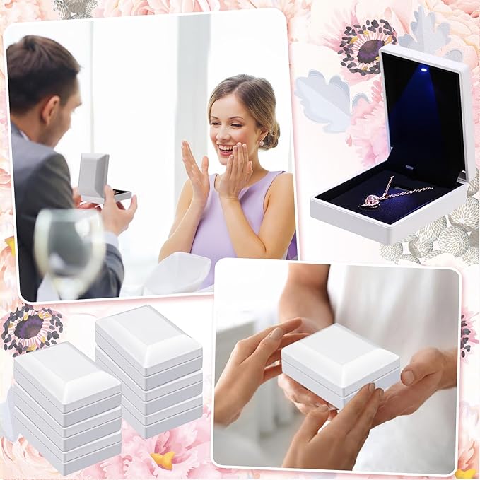 Landical 10 Pcs Pendant Necklace Box with LED Light Velvet Necklace Case for Pendant Bracelet Ring Earring, Jewelry Storage(White)