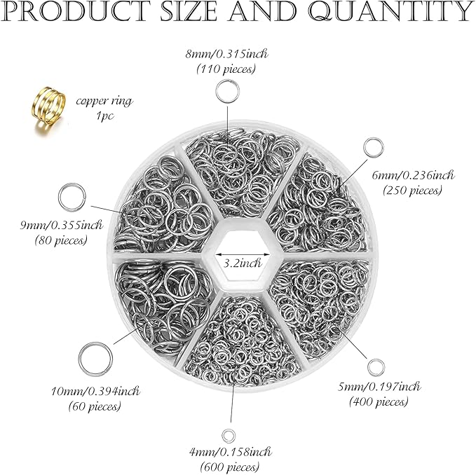 ZYNERY 1500pcs 304 Stainless Steel Open Jump Rings with Jewelry Rings for Jewelry Making Supplies, Jewelry Fix, Wire Wrapping, Crafts